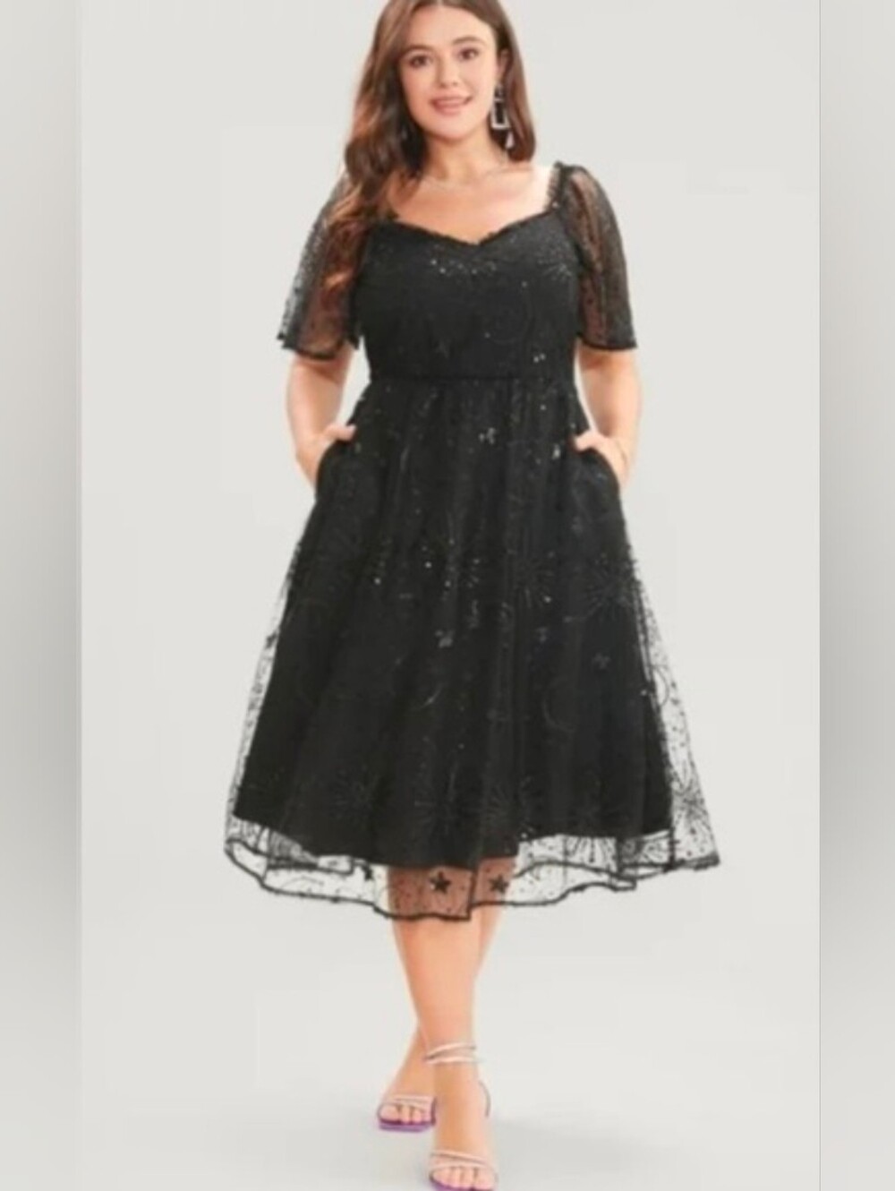 Bloomchic NWT Black Celestial Starry Mesh Midi Dress Size 14/16 (1X)
